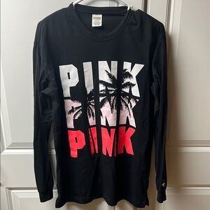 PINK Victoria's Secret Black Graphic Long Sleeve, Medium, Palm Trees